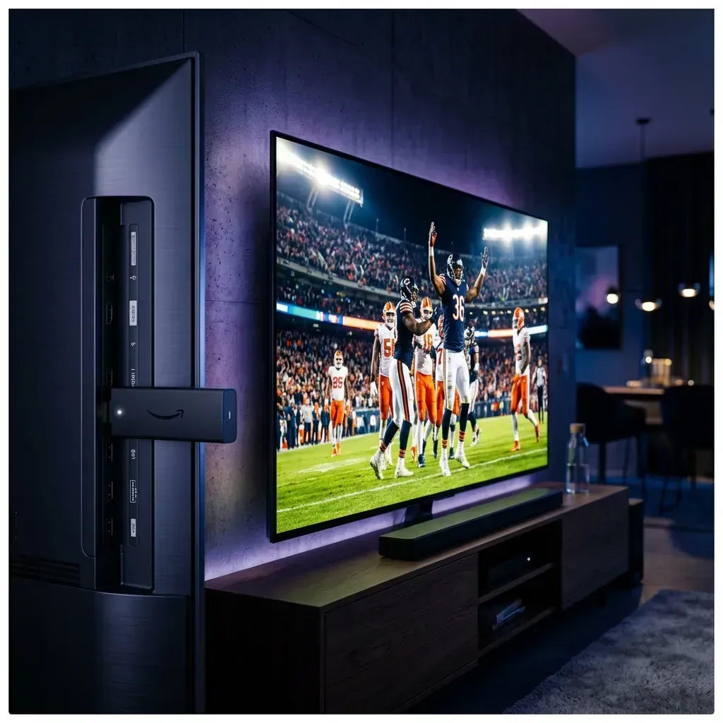 How to Optimize a Firestick in 2026 - Premium 4K Streaming Setup A cinematic shot of a sleek streaming stick plugged into a glowing 4K TV displaying live sports, showing an optimised premium Firestick setup.